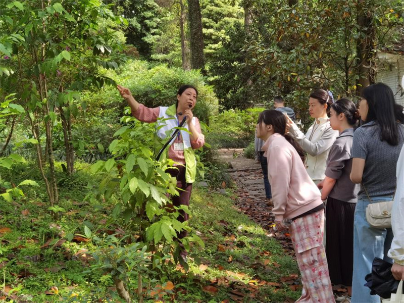 植物园工作人员为青年团员们介绍珍稀植物的茎叶.jpg